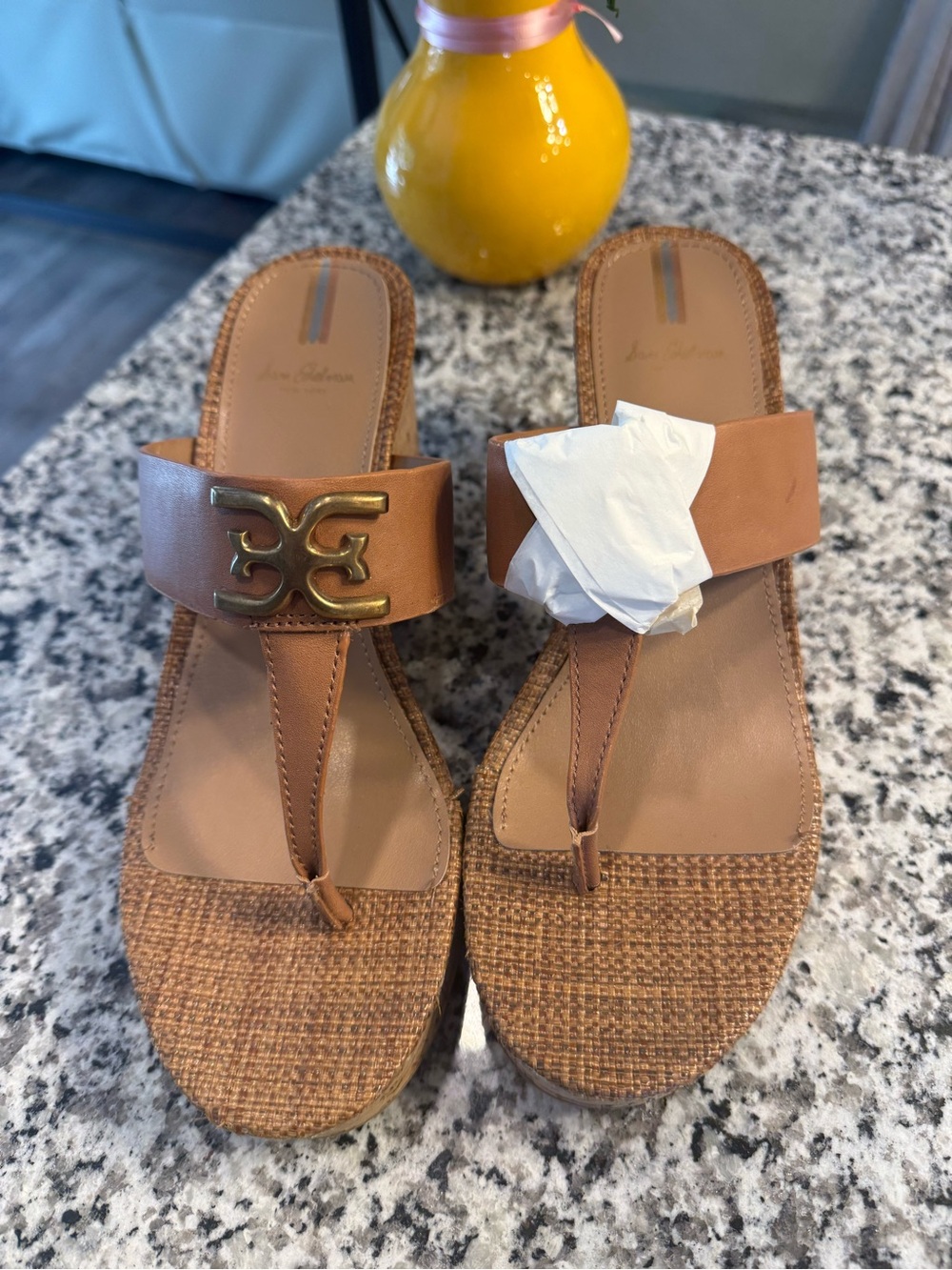New Dam Edelman Women’s Brown Leather Thong Sandals with Gold Accent